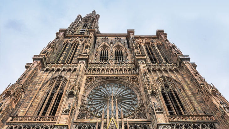 A view looking up at the cathedral in Strasbourg, France